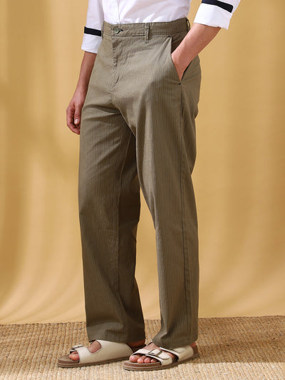 Men Olive Striped Straight Fit Chinos Trousers