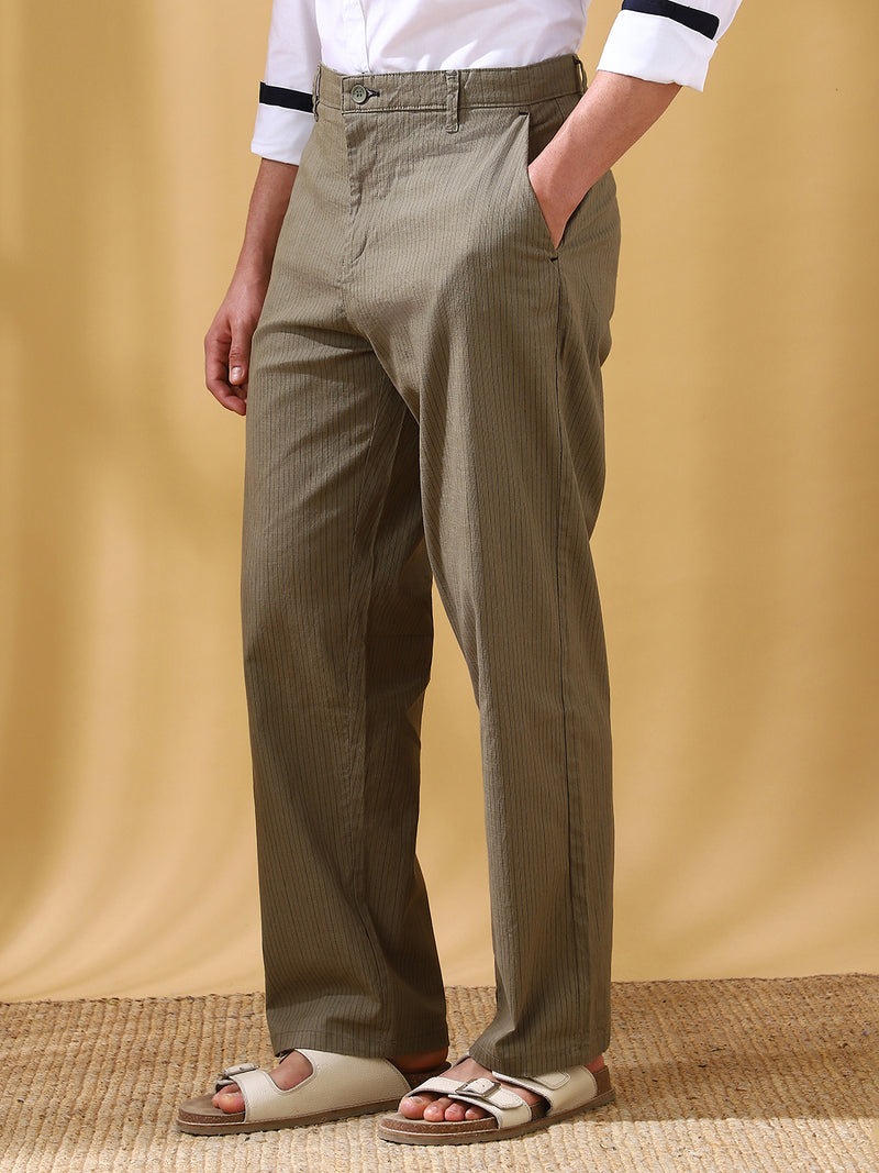 Men Olive Striped Straight Fit Chinos Trousers