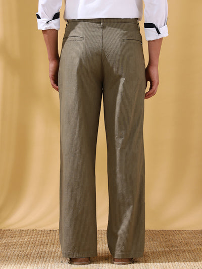 Men Olive Striped Straight Fit Chinos Trousers