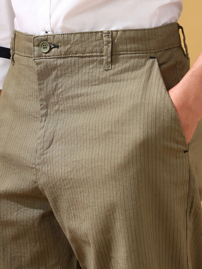 Men Olive Striped Straight Fit Chinos Trousers