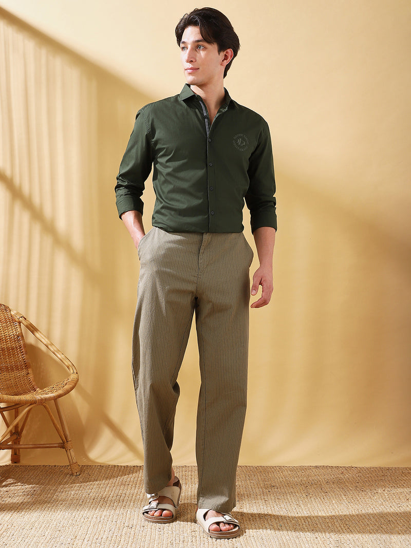 Men Olive Striped Straight Fit Chinos Trousers