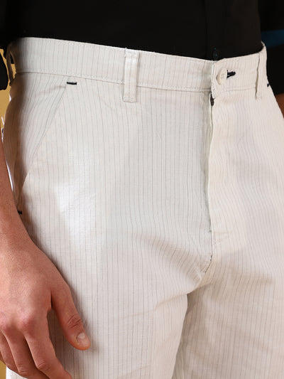 Men White Striped Straight Fit Chinos Trousers
