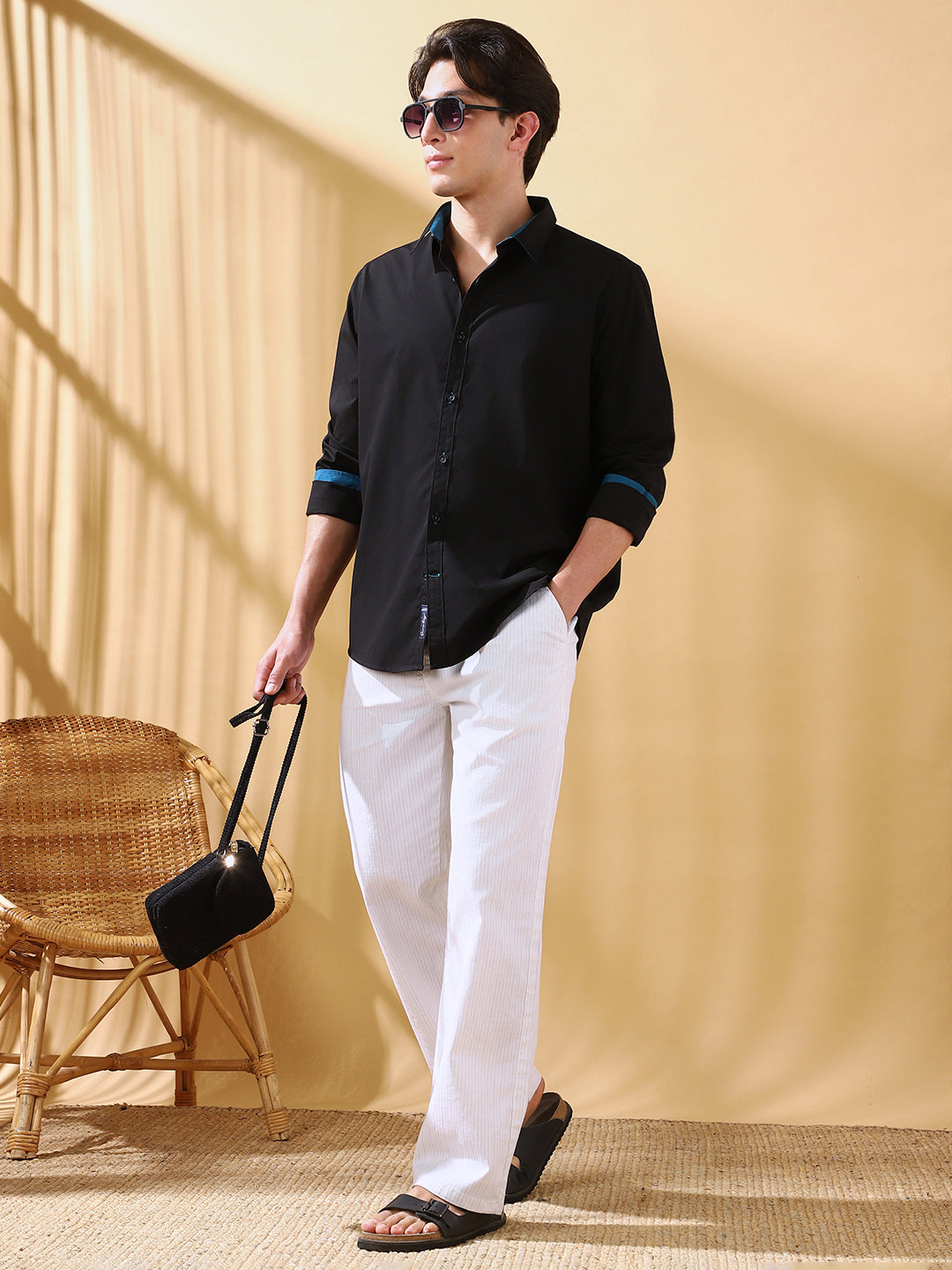 Men White Striped Straight Fit Chinos Trousers