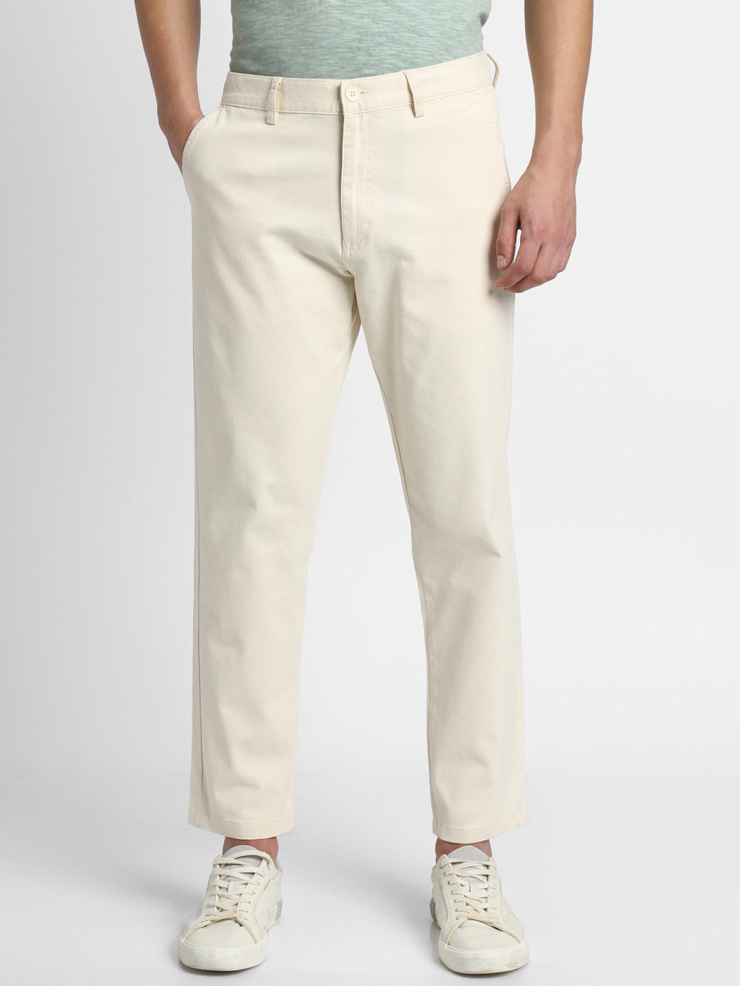 Men's Cream Solid Casual Trousers