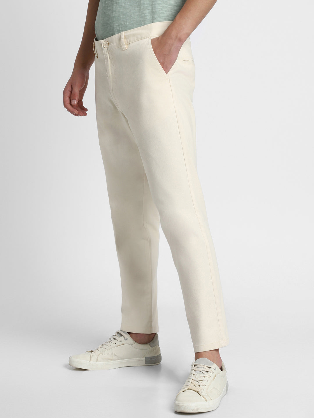 Men's Cream Solid Casual Trousers
