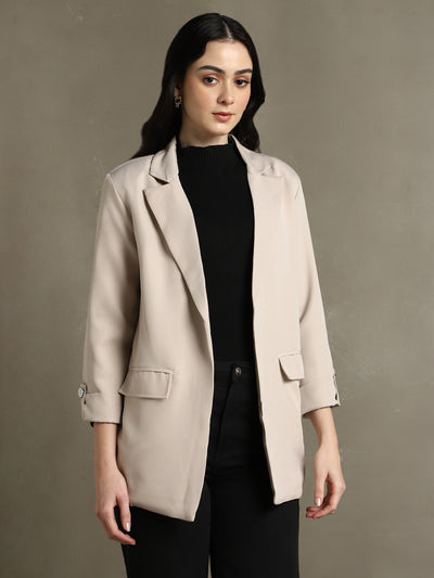 DL Woman Khaki Solid Lapel Collar Full Sleeves Regular Fit Blazer