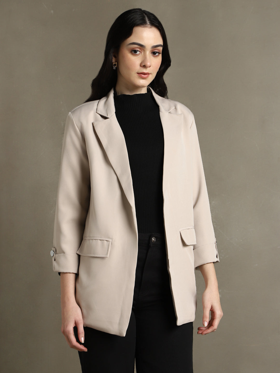 DL Woman Khaki Solid Lapel Collar Full Sleeves Regular Fit Blazer
