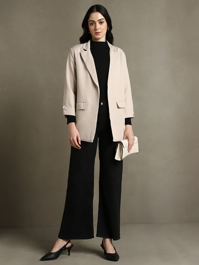 DL Woman Khaki Solid Lapel Collar Full Sleeves Regular Fit Blazer