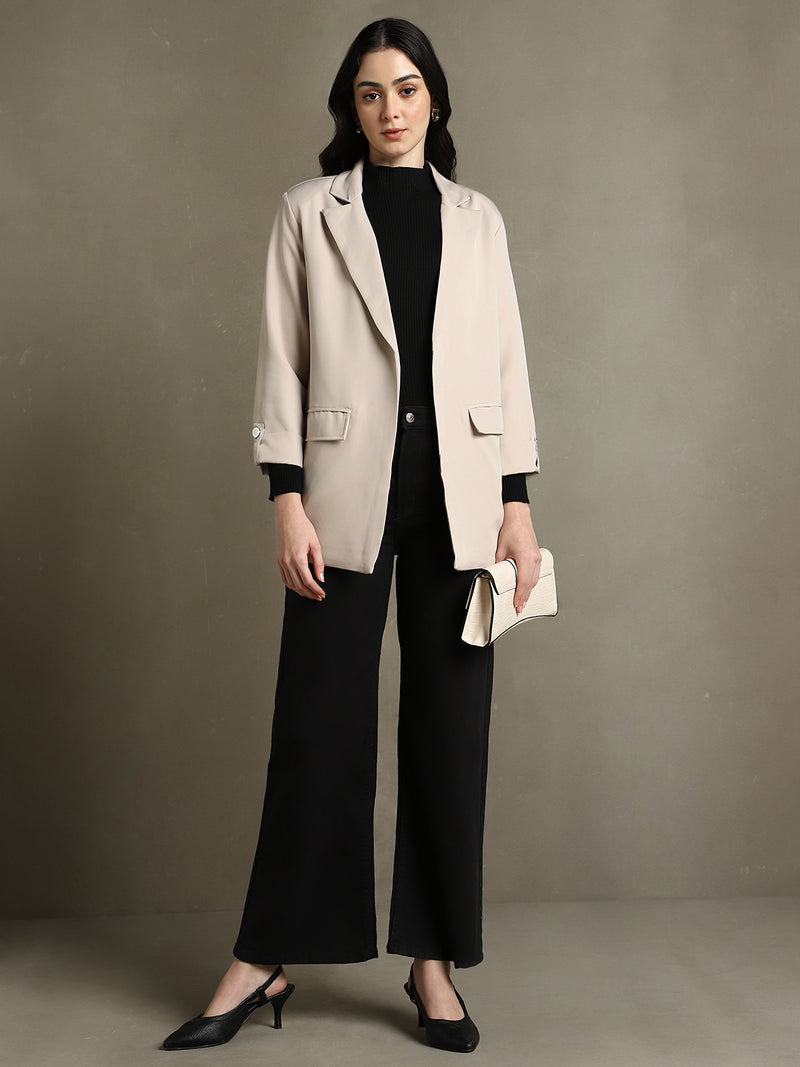 DL Woman Khaki Solid Lapel Collar Full Sleeves Regular Fit Blazer