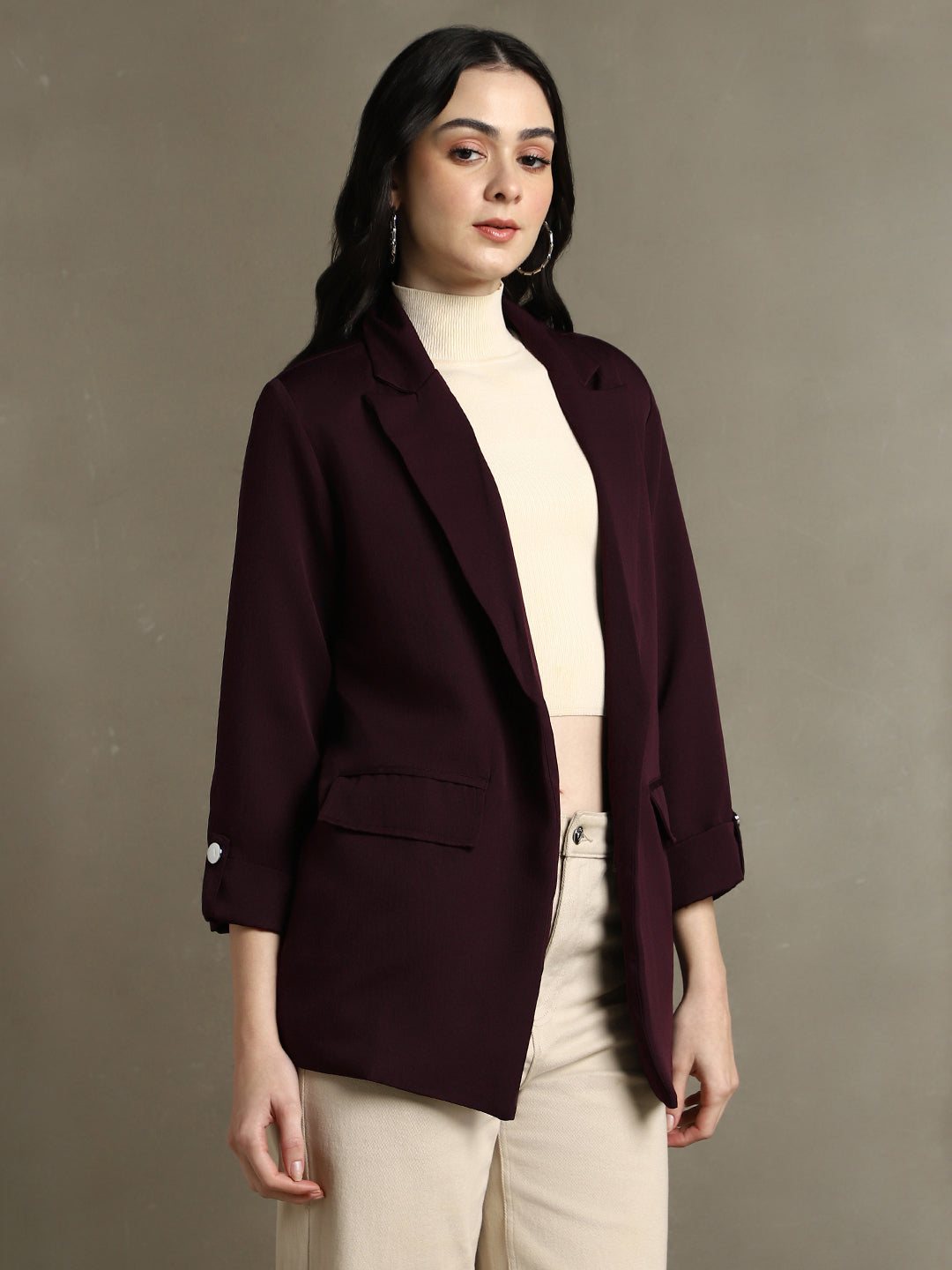 DL Woman Wine Solid Lapel Collar Full Sleeves Regular Fit Blazer