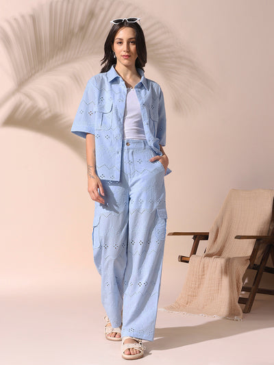 DL Woman Light Blue Schiffli Half Sleeves Shirt with Trousers Co-ords