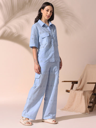 DL Woman Light Blue Schiffli Half Sleeves Shirt with Trousers Co-ords