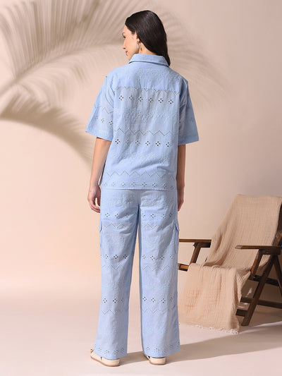 DL Woman Light Blue Schiffli Half Sleeves Shirt with Trousers Co-ords