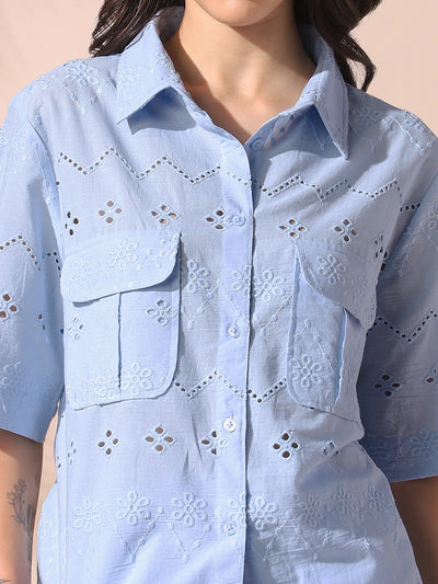 DL Woman Light Blue Schiffli Half Sleeves Shirt with Trousers Co-ords