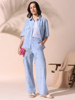 DL Woman Light Blue Schiffli Half Sleeves Shirt with Trousers Co-ords