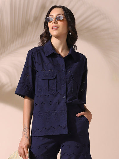 DL Woman Navy Schiffli Half Sleeves Shirt with Trousers Co-ords