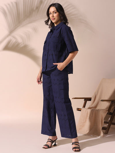 DL Woman Navy Schiffli Half Sleeves Shirt with Trousers Co-ords