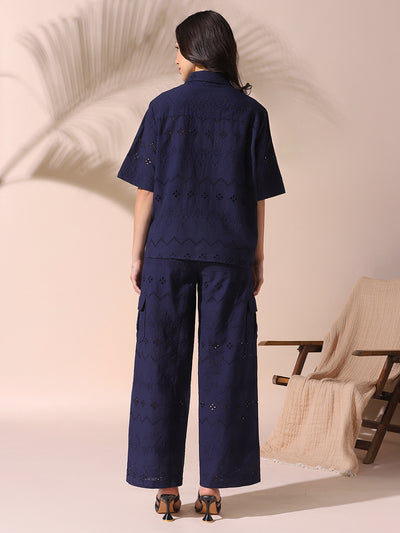 DL Woman Navy Schiffli Half Sleeves Shirt with Trousers Co-ords