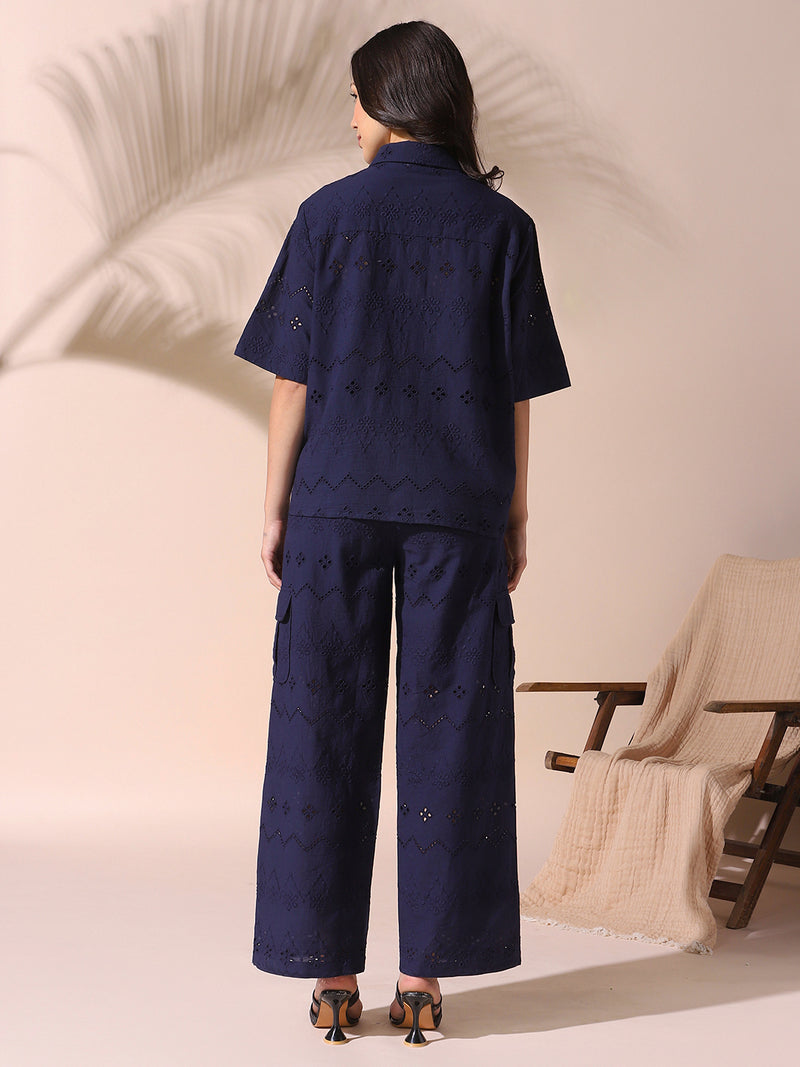 DL Woman Navy Schiffli Half Sleeves Shirt with Trousers Co-ords