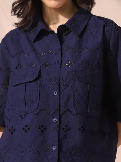 DL Woman Navy Schiffli Half Sleeves Shirt with Trousers Co-ords