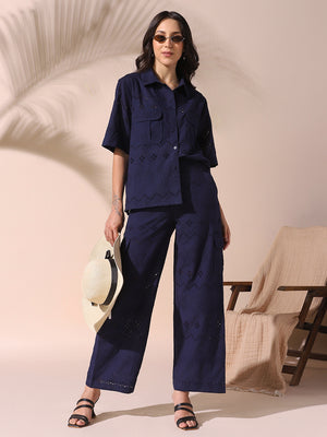 DL Woman Navy Schiffli Half Sleeves Shirt with Trousers Co-ords