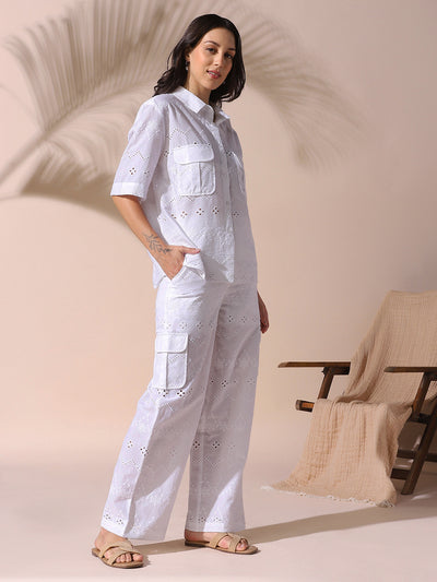 DL Woman White Schiffli Half Sleeves Shirt with Trousers Co-ords