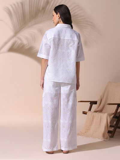 DL Woman White Schiffli Half Sleeves Shirt with Trousers Co-ords