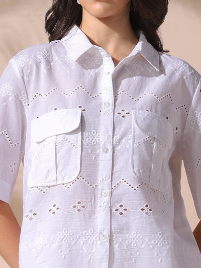 DL Woman White Schiffli Half Sleeves Shirt with Trousers Co-ords