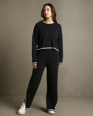 Women Black Solid Full Sleeves Round Neck Co-ord Set