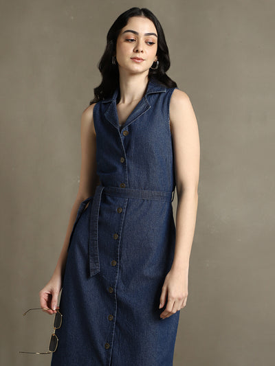 DL Woman Dark Blue Solid Notch Lapel Sleeveless Dress