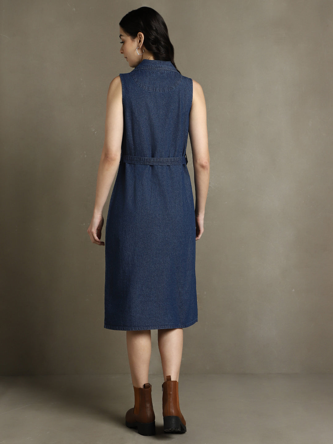 Dark Blue Solid Notch Lapel Sleeveless Dress