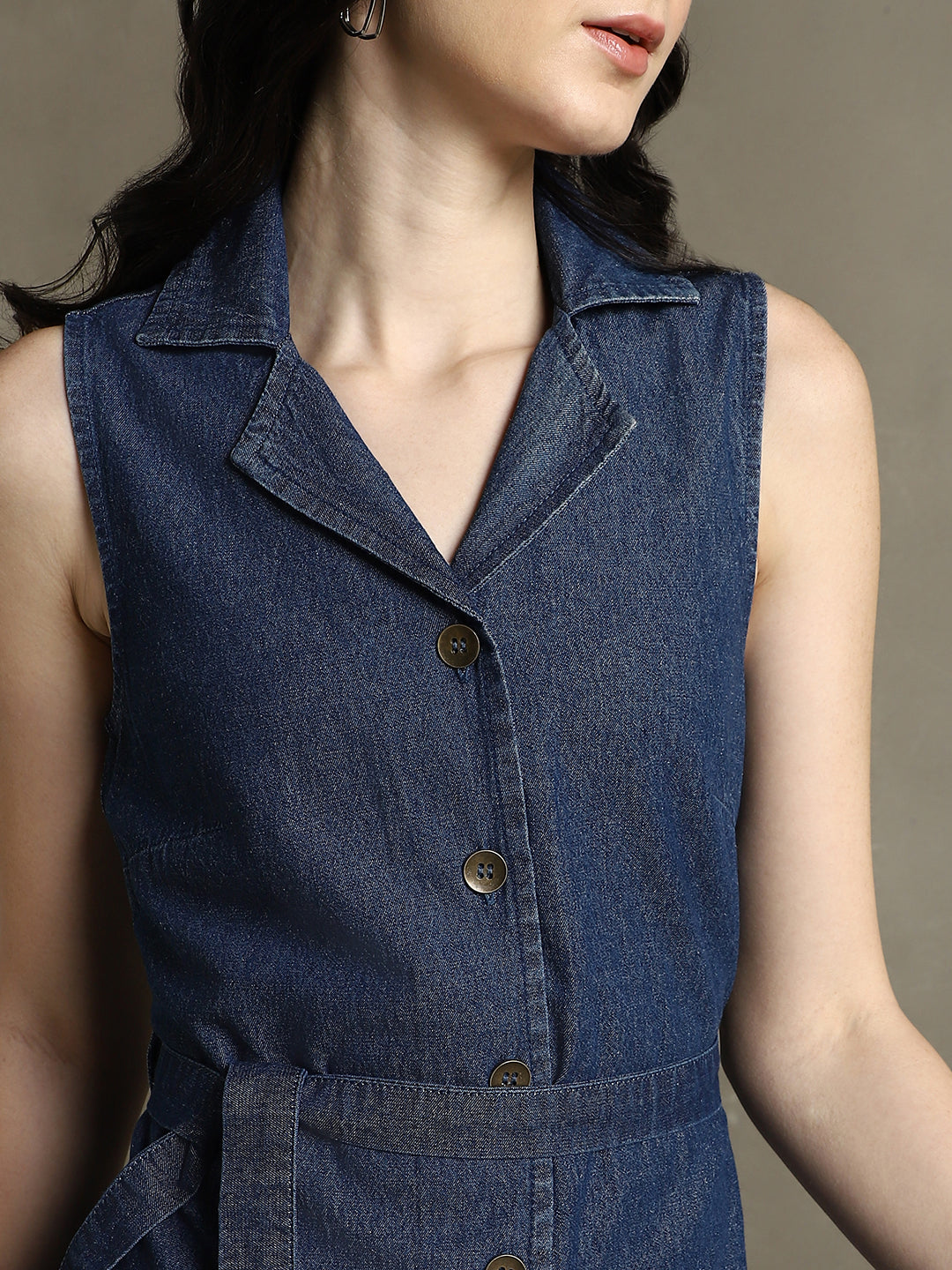 Dark Blue Solid Notch Lapel Sleeveless Dress