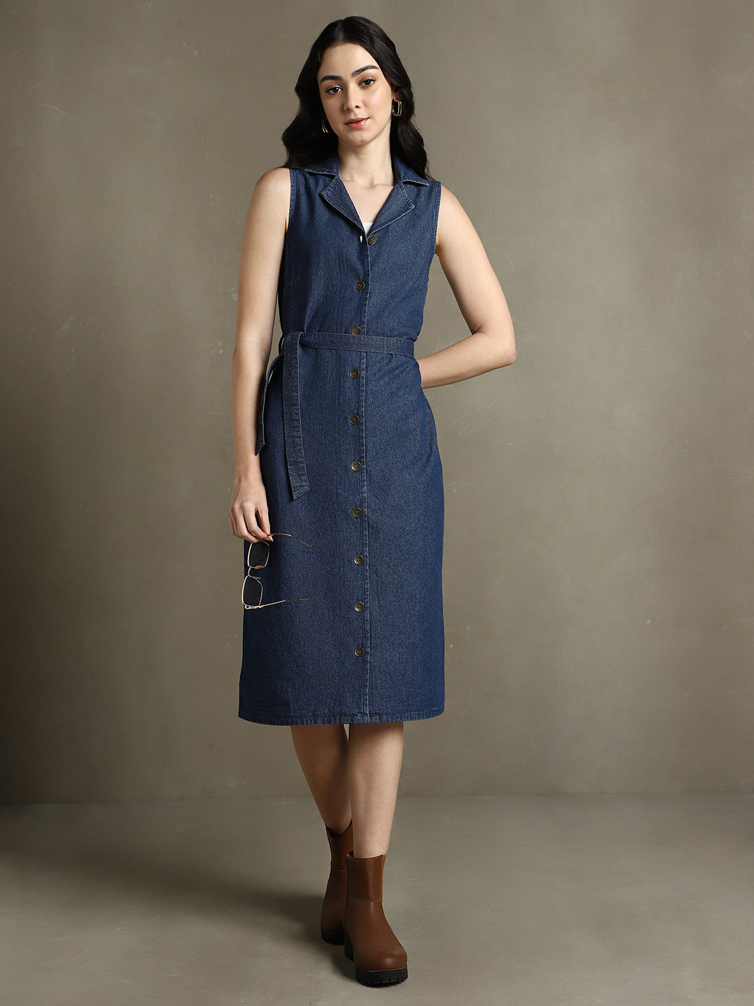 Dark Blue Solid Notch Lapel Sleeveless Dress
