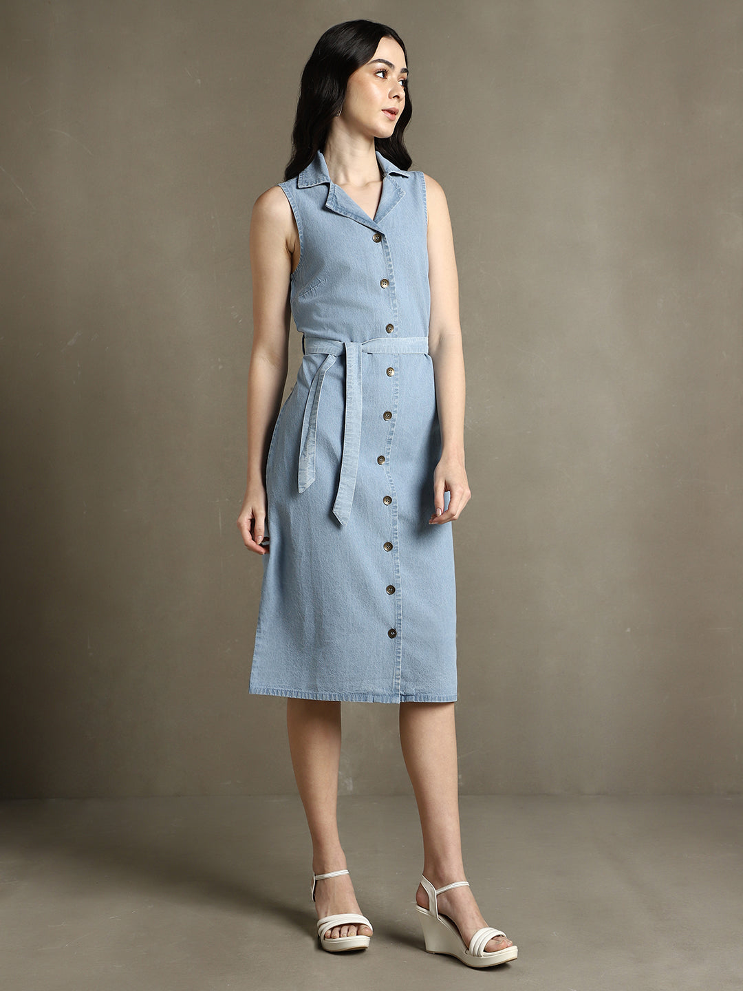 Light Blue Solid Notch Lapel Sleeveless Dress