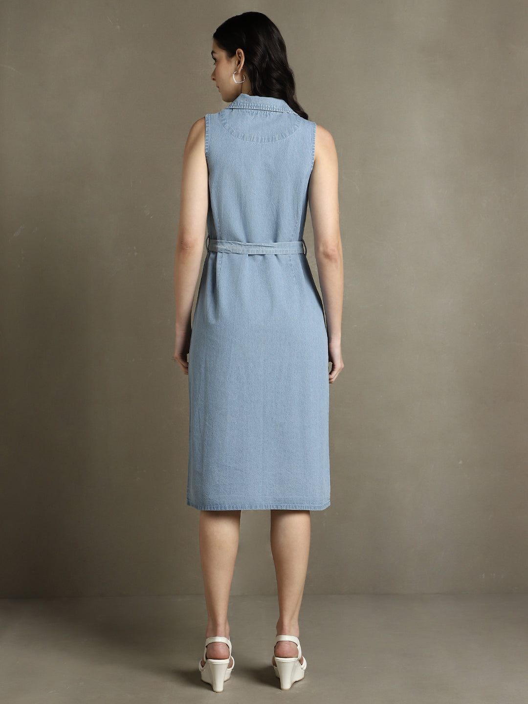 Light Blue Solid Notch Lapel Sleeveless Dress