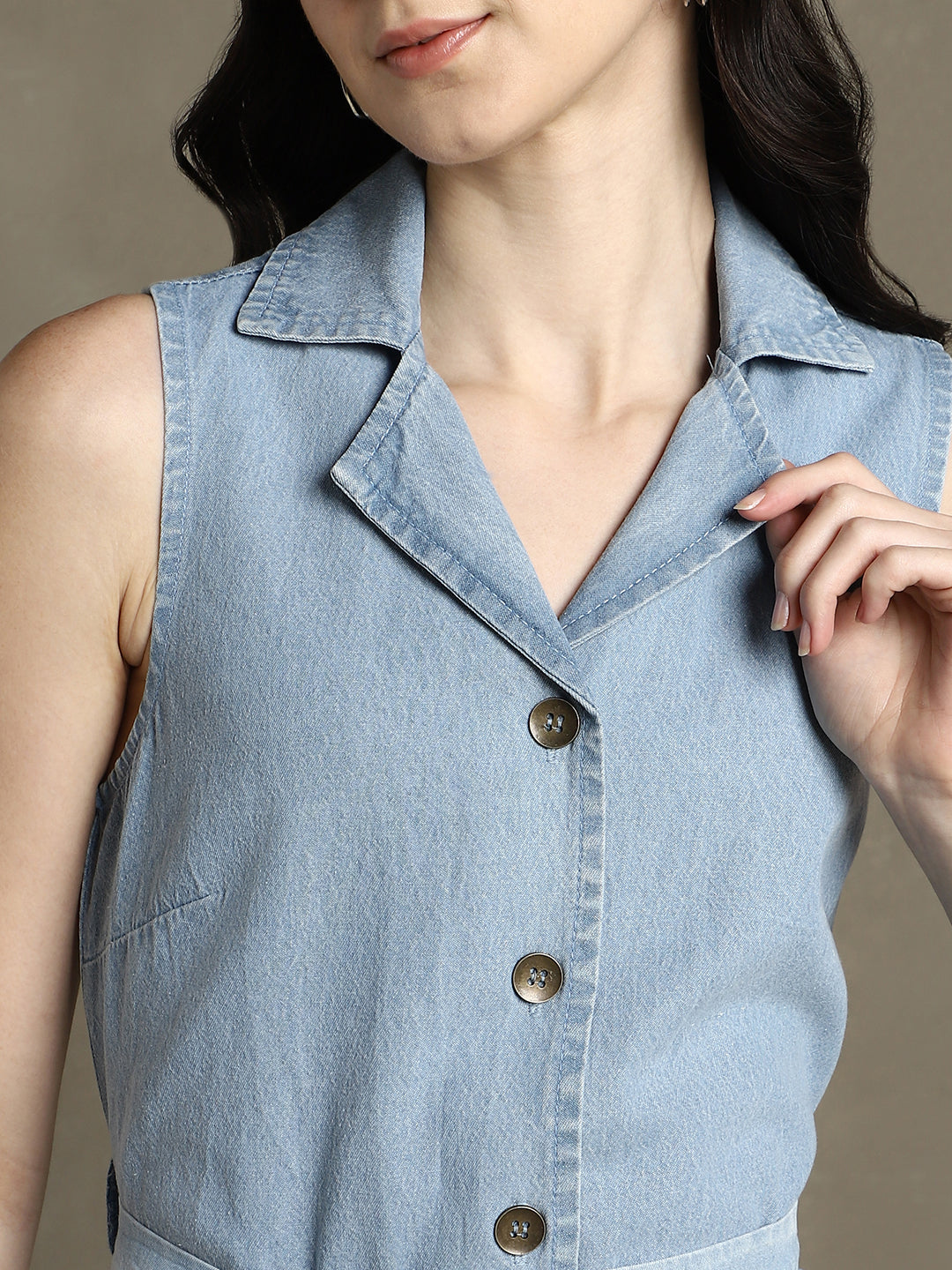 Light Blue Solid Notch Lapel Sleeveless Dress