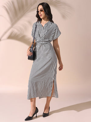DL Woman Striped Short Sleeves Tie-up Maxi Dress