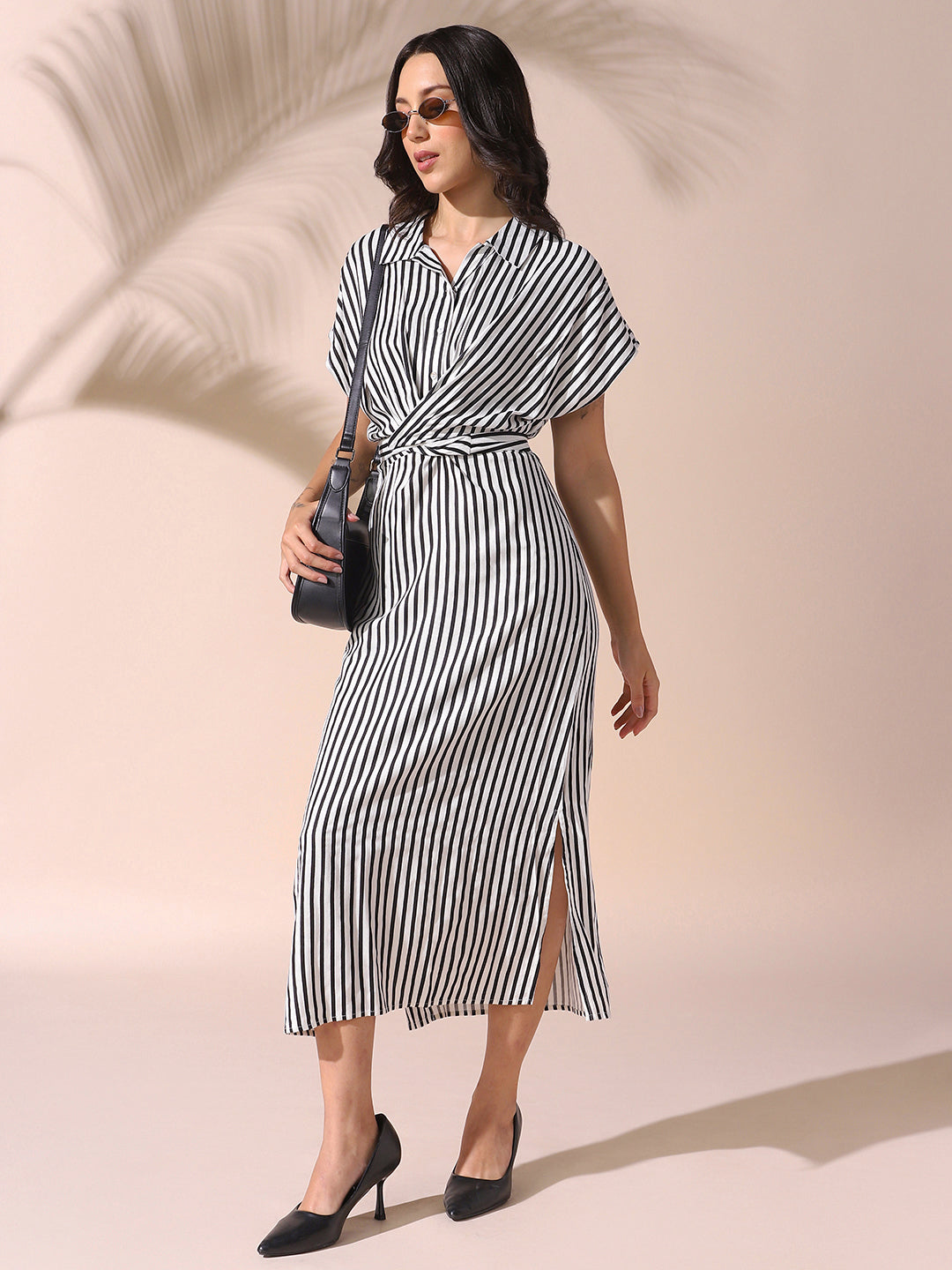 DL Woman Striped Short Sleeves Tie-up Maxi Dress