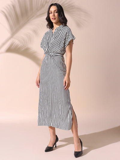 DL Woman Striped Short Sleeves Tie-up Maxi Dress
