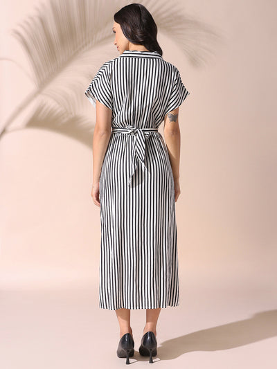 DL Woman Striped Short Sleeves Tie-up Maxi Dress