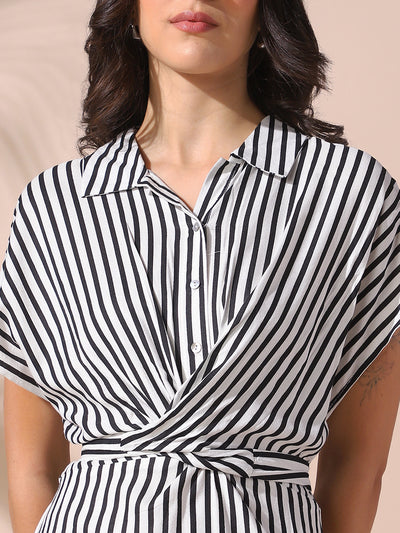 DL Woman Striped Short Sleeves Tie-up Maxi Dress