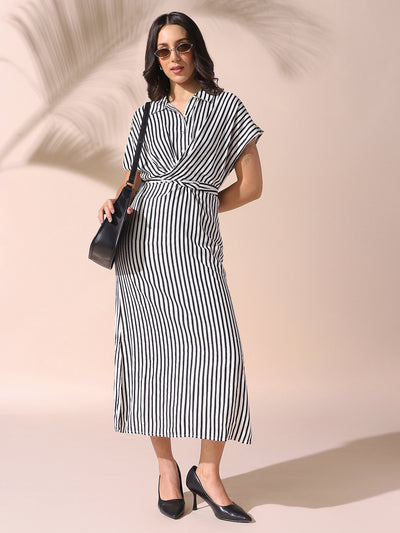 DL Woman Striped Short Sleeves Tie-up Maxi Dress