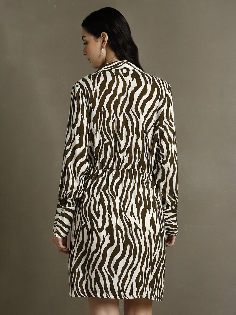 DL Woman Brown Printed Shirt Collar Full Sleeves Regular Fit Dress