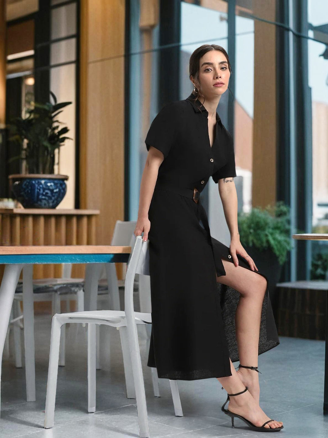 DL Woman Shirt Collar Solid Black A-Line Dress