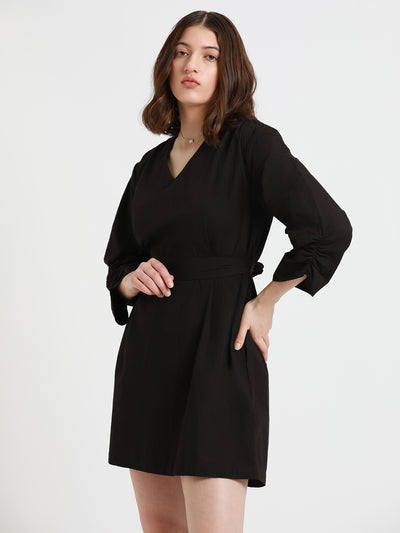 DL Woman Black V-neck A-Line Fit  Flare Dress