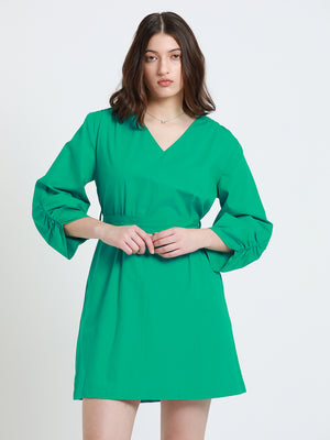 DL Woman V- Neck Regular Fit Solid Green A-Line Dress