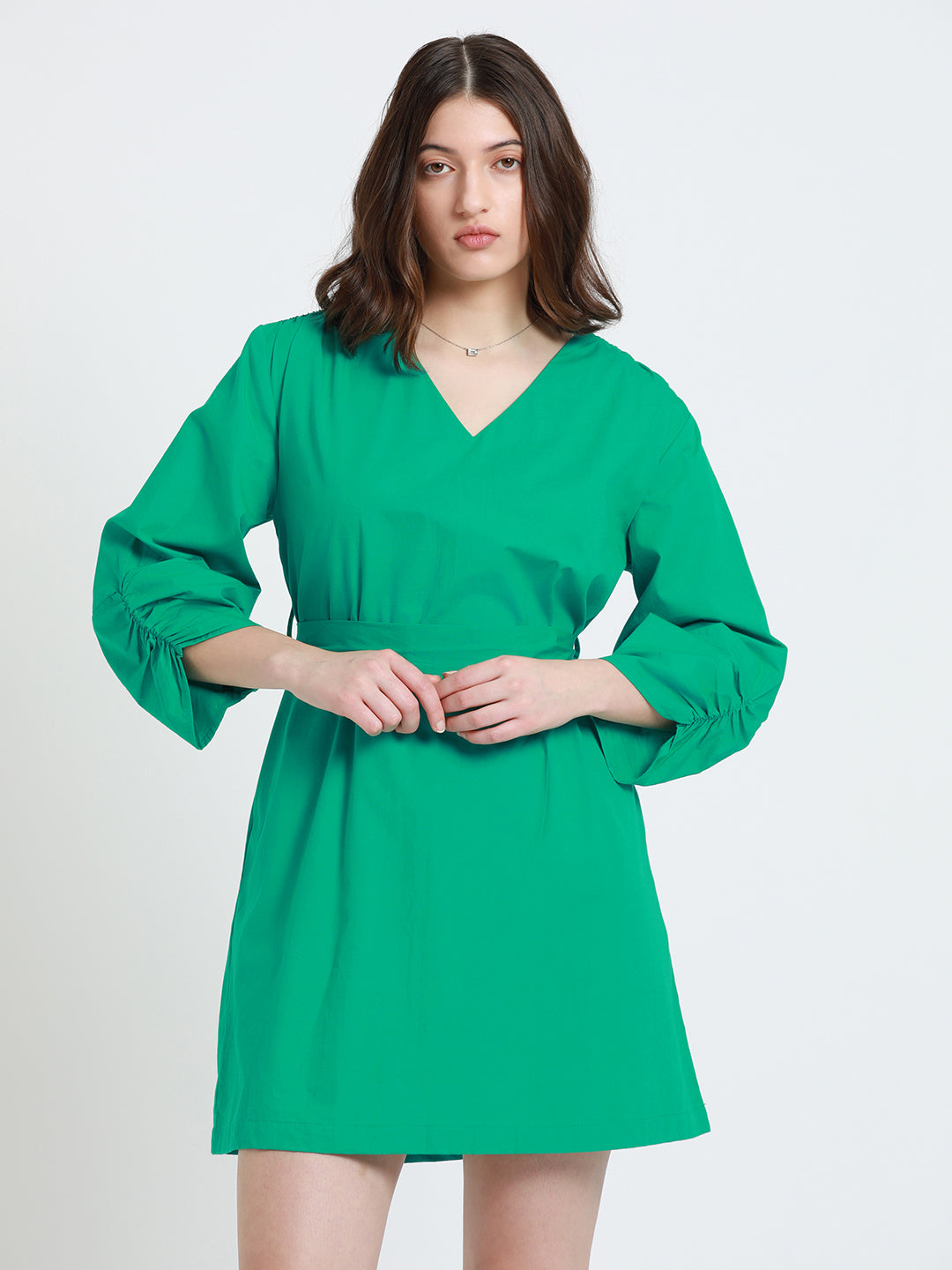 DL Woman Green V-neck Puff Sleeves A-Line Dress