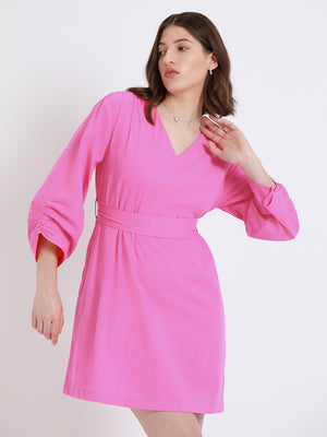 DL Woman V- Neck Regular Fit Solid Pink A-Line Dress
