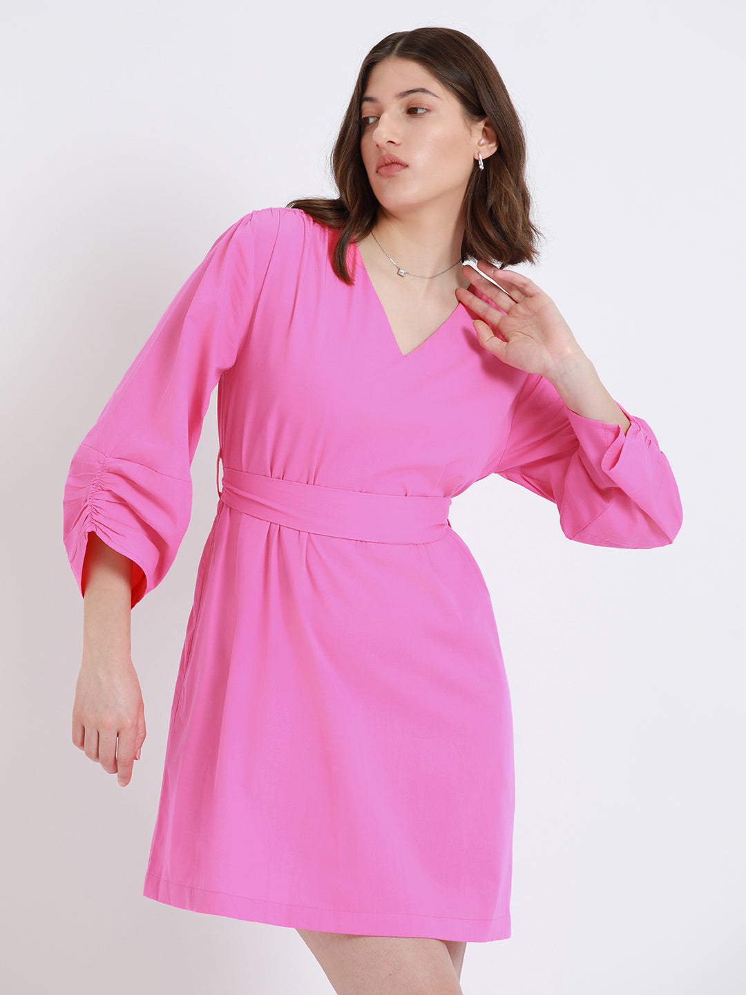 DL Woman Shirt Collar Regular Fit Solid Pink Dress