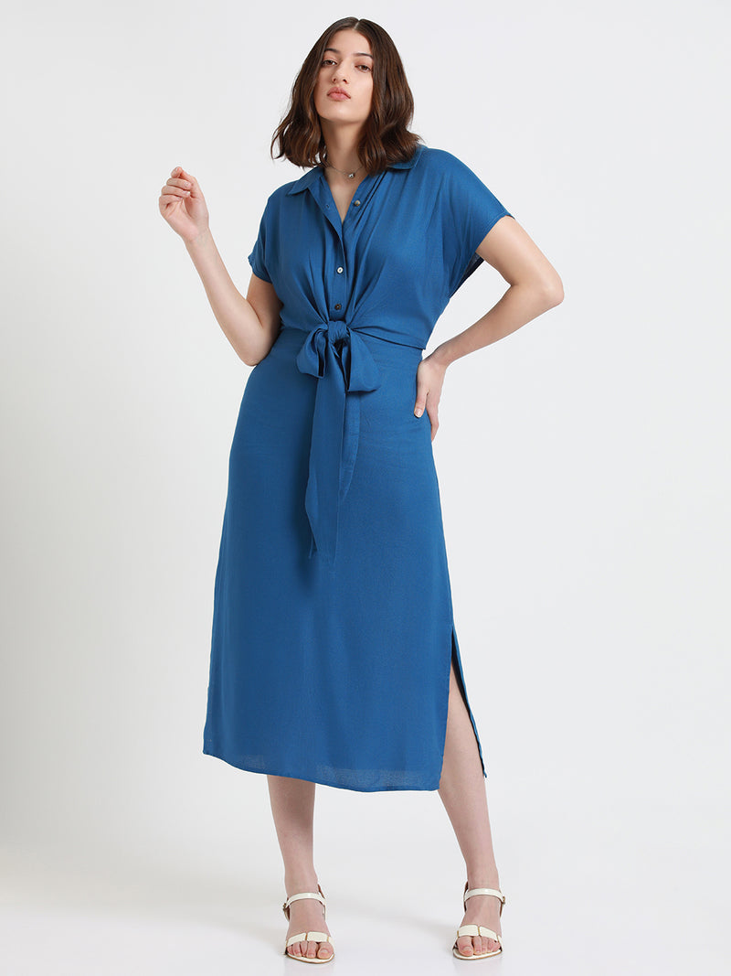 DL Woman Shirt Collar Regular Fit Solid Blue Midi Tie-Up Dress